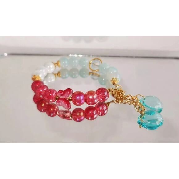 Red White Blue Wire Bracelet w Red Butterfly and Blue beaded Dangle Charms #329 - Picture 4 of 4